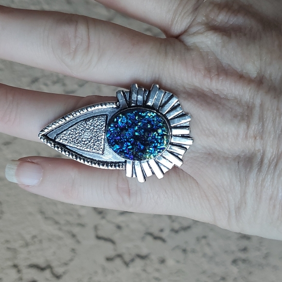 New Unique Oversized Blue Titanium Druzy 925 Silver Statement Ring. - Picture 3 of 16